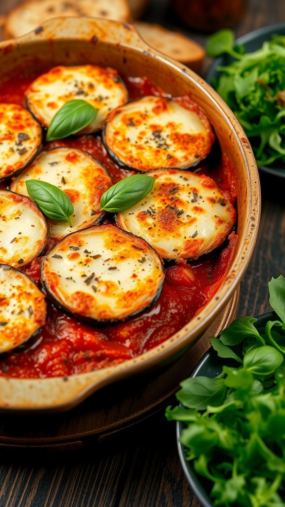 A serving of Eggplant Parmesan with layers of eggplant, marinara sauce, and melted cheese, garnished with basil.